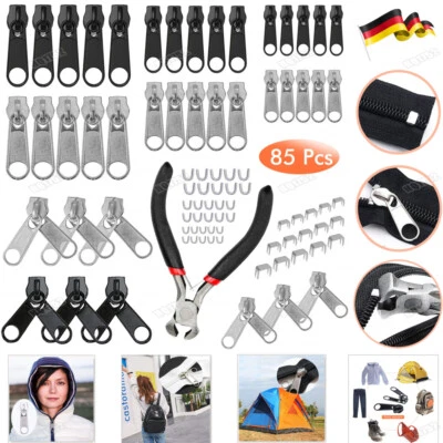 MARKENLOS 85x Reißverschluss Reparatur Set Zipper Schieber Metall Repair Ersatz & Zange DE