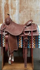 Western Brown Leather Roper Ranch Saddle with Strings 15",16", 17", 18",