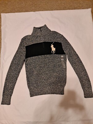 Polo Ralph Lauren Boys 14-16 1/4 Zip Big Horse Cable Knit BlackWhite Sweater NWT