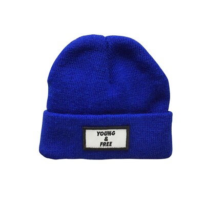 Y&F Toddler Blue Beanie ''Young & Free'' Embroidered Patch Novelty One Size Fits 