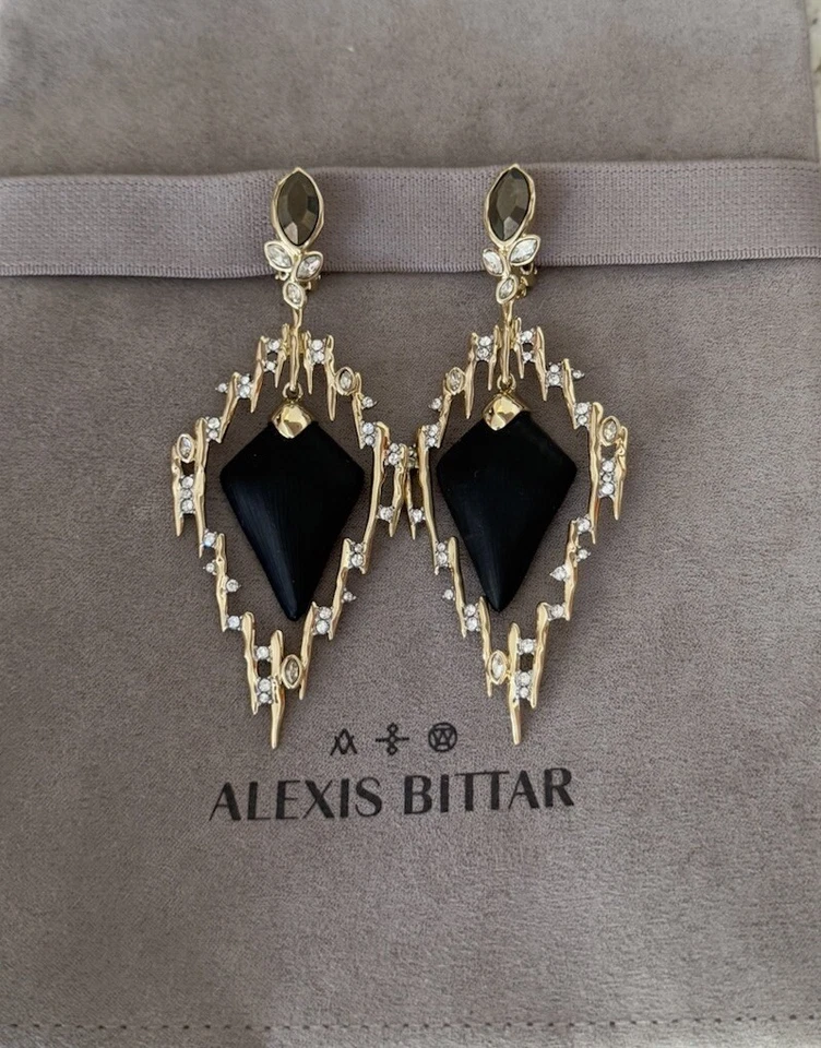100% Authentic ALEXIS BITTAR Navette Crystal/ Black Lucite Clip-On Earrings $375 - Image 2 of 4