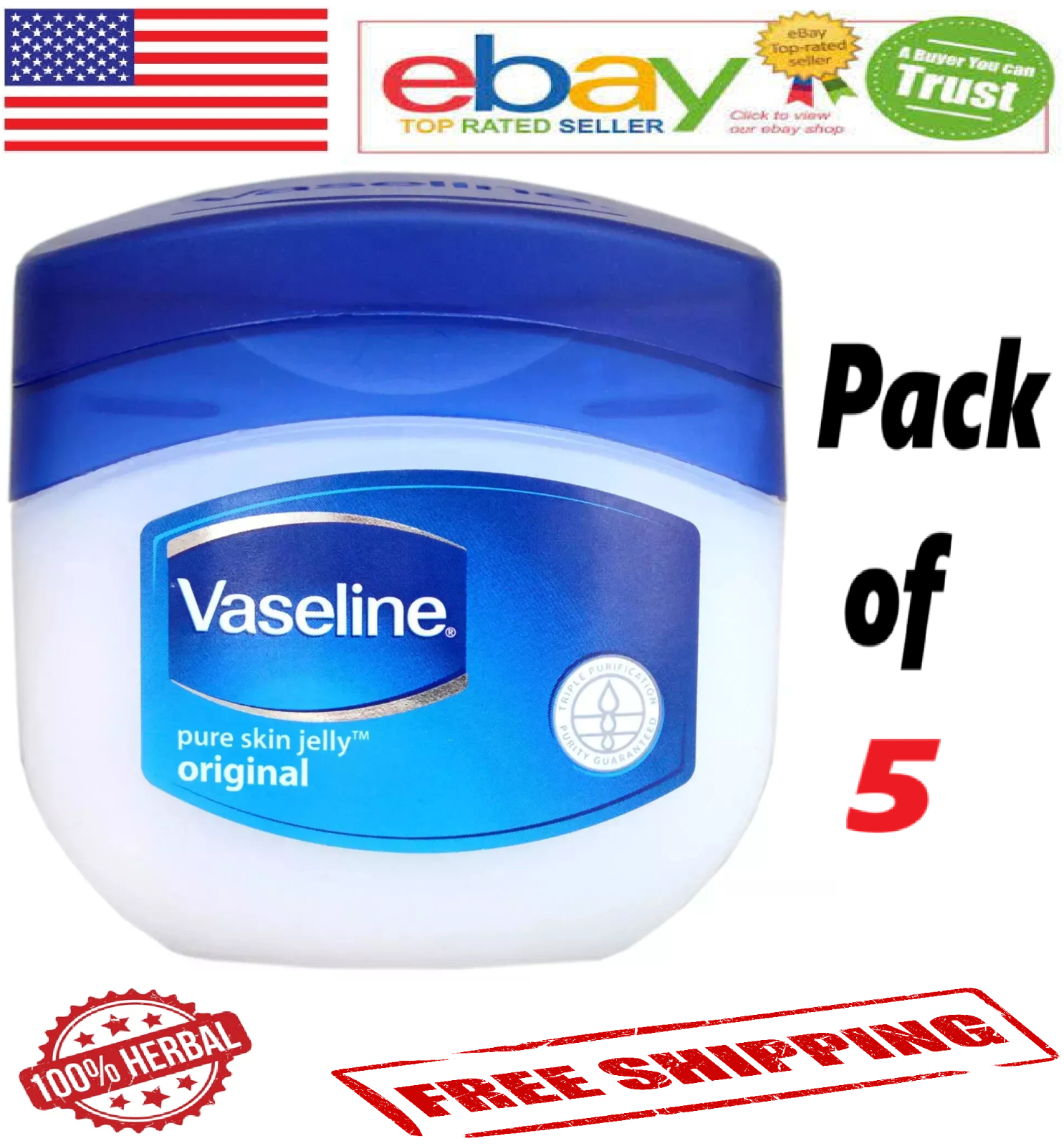 5x Vaseline 100% Pure Herbal White Petroleum Jelly 21ml. Each (FREE SHIPPING)