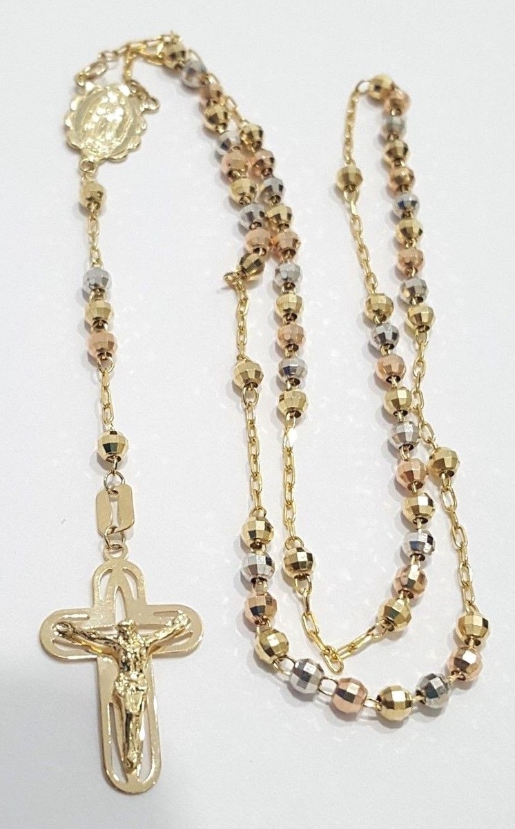 14K Yellow White Rose Gold Crucifix Rosary Tri Virgin Mary