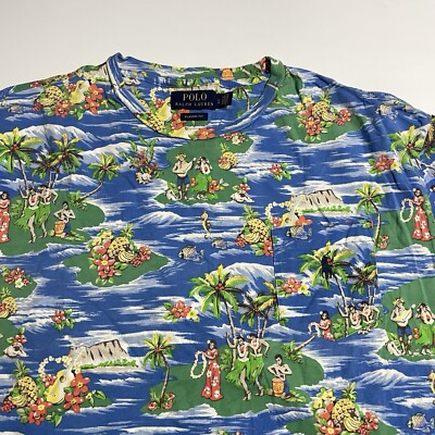 Polo Ralph Lauren Mens Large T-Shirt Blue Aloha Hawaiian Island SS Classic Fit