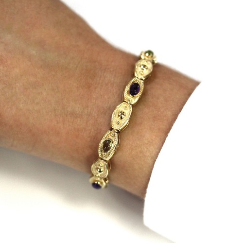 3 ctw Natural Purple Amethyst & Green Peridot Solid 14k Yellow Gold Bracelet 7" - Picture 3 of 10