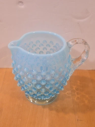 FENTON Blue Hobnail Opalescent Milk Glass Creamer Vintage handle, Spout Base VTG