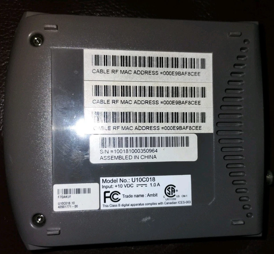 Ubee Ambit U10C018 DOCSIS 2.0 Cable Modem POWER TESTED - Image 3 of 4