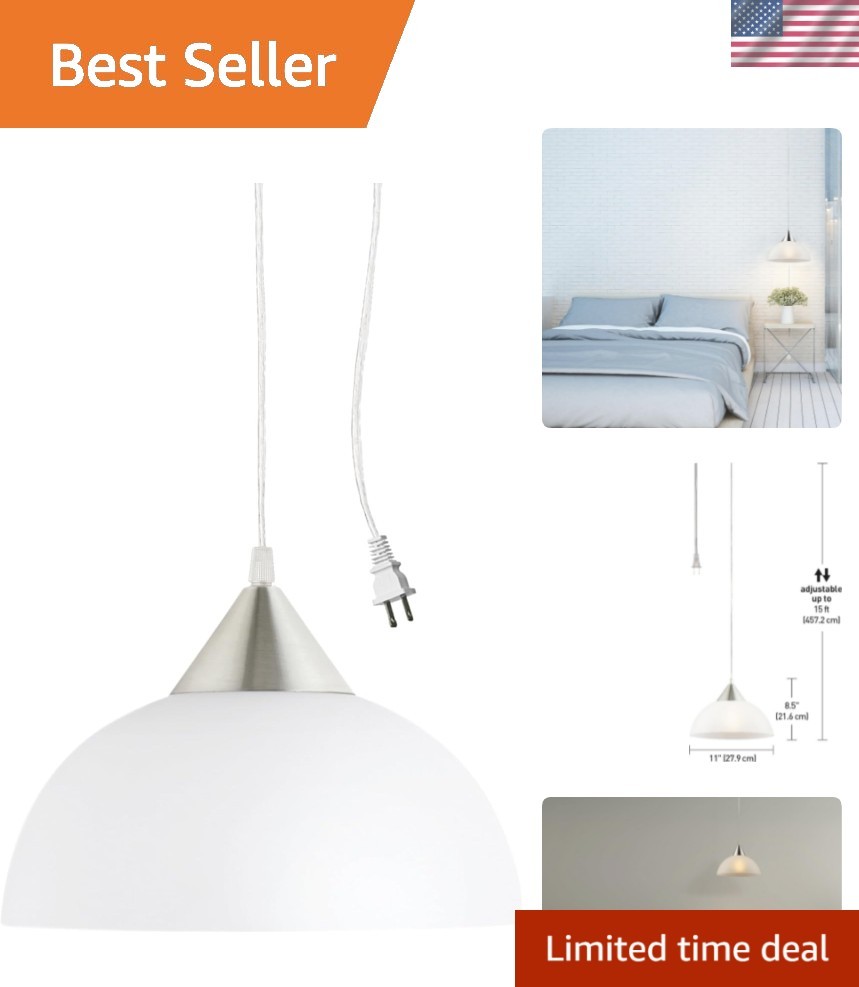 64413 1-Light Plug-in Pendant, Brushed Steel, Frosted White Shade, 15ft Clear...