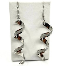 Vintage Y2K Silver Tone Spiral Twist Ribbon Dangle Earrings Glitter Accent Retro