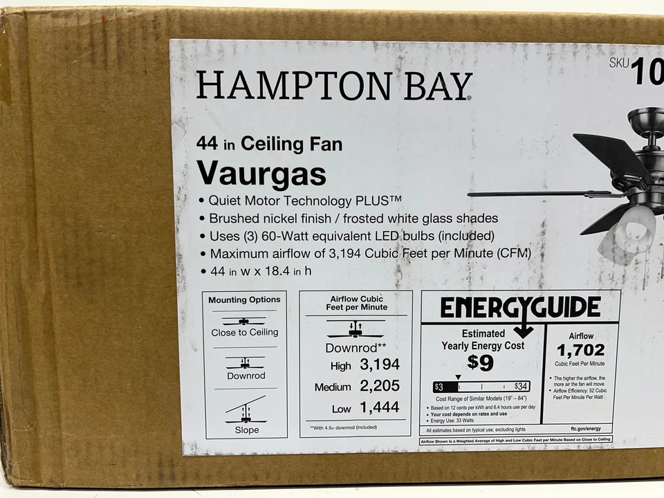 Hampton Bay Vaurgas 44 in. Indoor Brushed Nickel Ceiling Fan New - Image 2 of 2