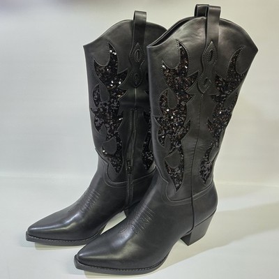 Wild Pair Lucah Black Sequin Cowboy Boot 12 Western Embroidered Sparkle Rodeo
