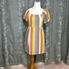 American Eagle Striped Smocked Mini Dress M Yellow Blue Square Neck Puff Sleeve