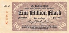 1 milion marek - Mannheim - Badische Bank - 7.8.1923