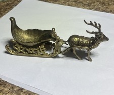 Vtg heavy Brass 10 L Three-Piece Reindeer W/ Sleigh Christmas Table Centerpiece