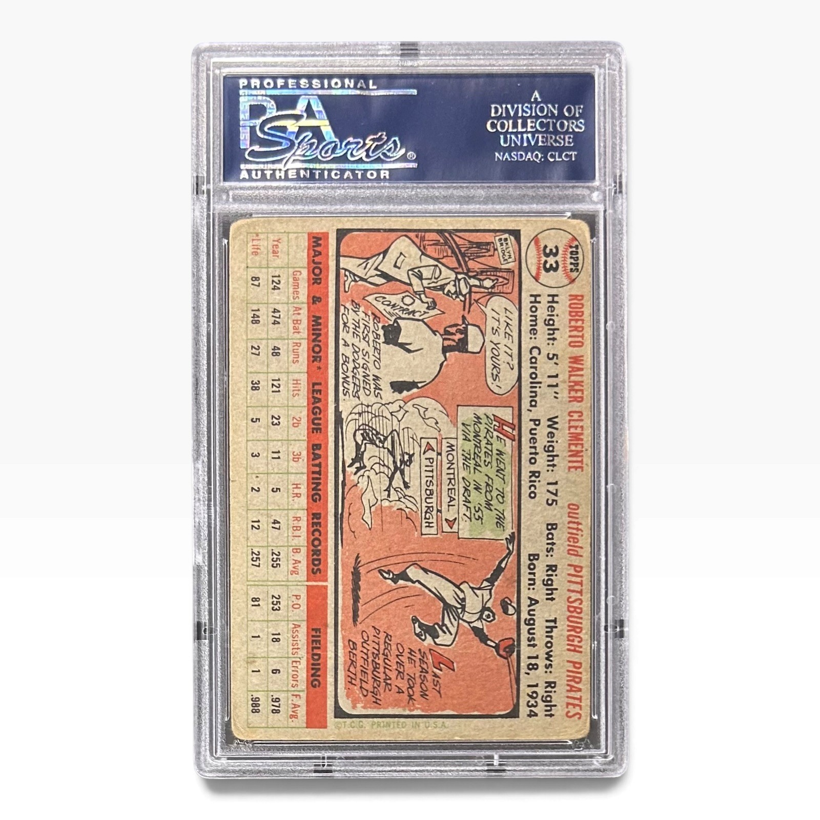 ROBERTO CLEMENTE 1956 TOPPS GRAY BACK CARD #33 PSA FR 1.5 view 3