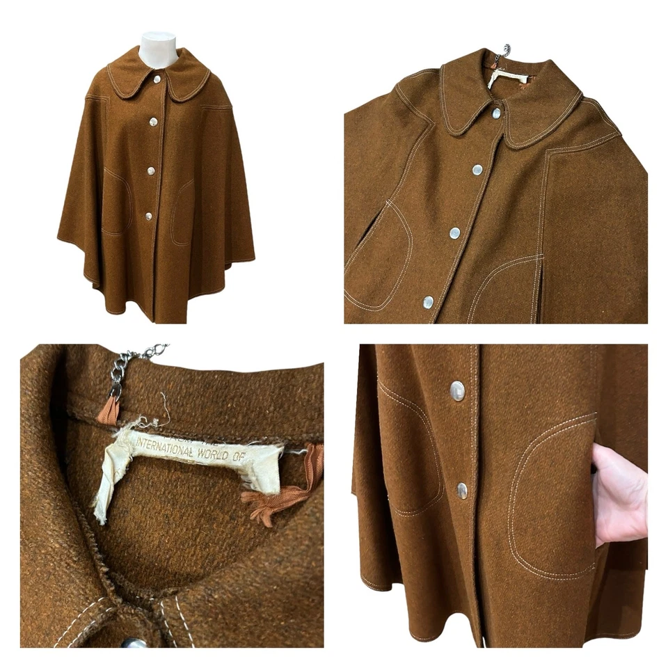 Vintage 1960s Brown Wool Cape Coat Button Up Cloak Jacket ^ - Image 4 of 4