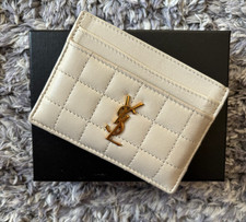 AUTH Saint Laurent YSL Card Holder Cream Quilted Leather Gold HW Card Case