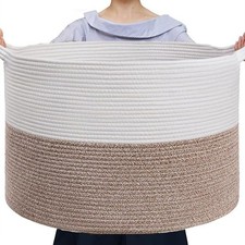 Extra Large Blanket Basket, Handmade Brown Cotton Rope Storage Basket with Ha...