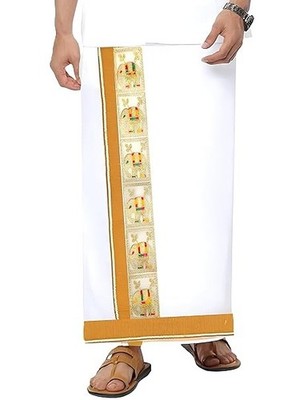 Herren Dhoti Golden Big Border Südindischer Kerala Style Single Lungi 2 Meter...