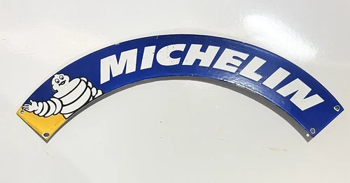 Michelin Tire Porcelain Vintage Sign Curved Bibendum Gas Oil Enamel Metal 18x6