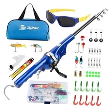  Kids Fishing Pole - Portable Folding Fishing Rod and Reel Combo Kit with Blue