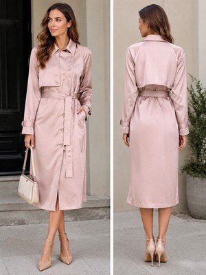 BCBGMAXAZRIA  Satin Trench Coat Dress Belted Midi Size XS