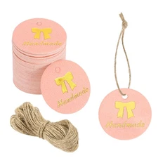 100 Pcs 1 Inch Handmade Gift Tags Round Paper Labels with String Pink