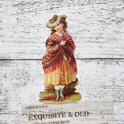 um 1900 Mädchen Frau Kleid Hut Stola Mode Glanzbild Prägedruck Luxuspapier Deko