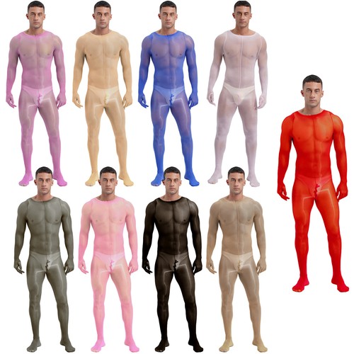 Mens Bodysuit Oil Rompers Glossy Jumpsuit Zipper Crotch Playsuit One Piece Sexy - Picture 5 of 56