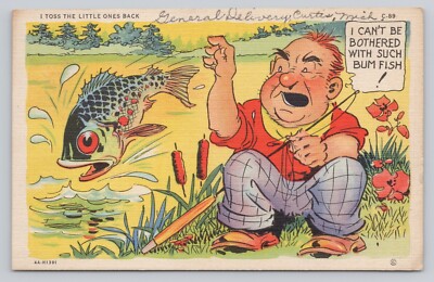 Atq/Vtg Post Card I Cant Be Bothered With Such Bum Fish! N428