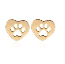 Paw Print Heart 8MM Gold Stainless Steel Stud Post Earrings