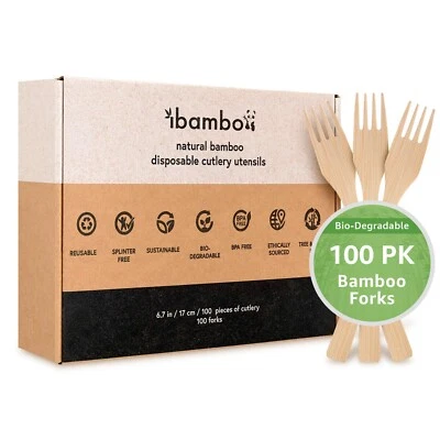 Ibambo 100% Bamboo Forks - 100 Compostable Forks, Disposable or Reusable