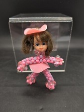 Vtg SAFETY PIN ART Doll TOY Pink Purple HANDMADE BEADED BROWN HAIR Ornament