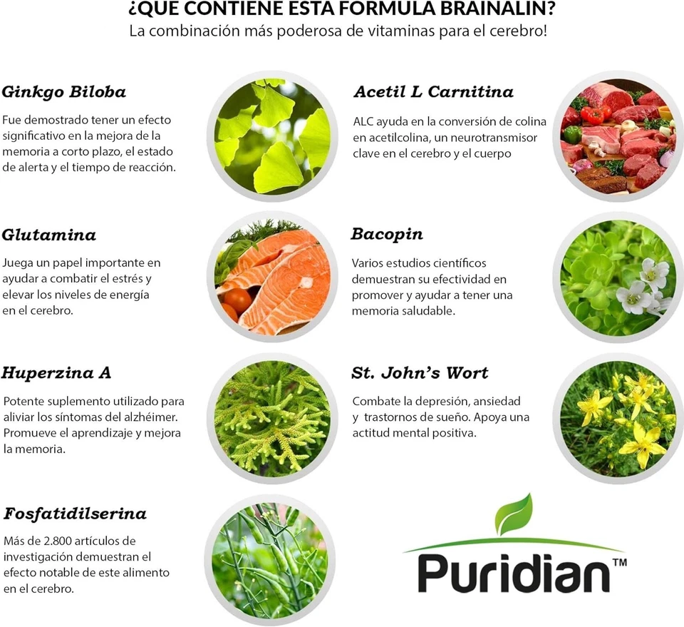 Vitaminas para El Cerebro Y Memoria Brainalin Suplemento 100% Natural - Puridian - Image 2 of 4