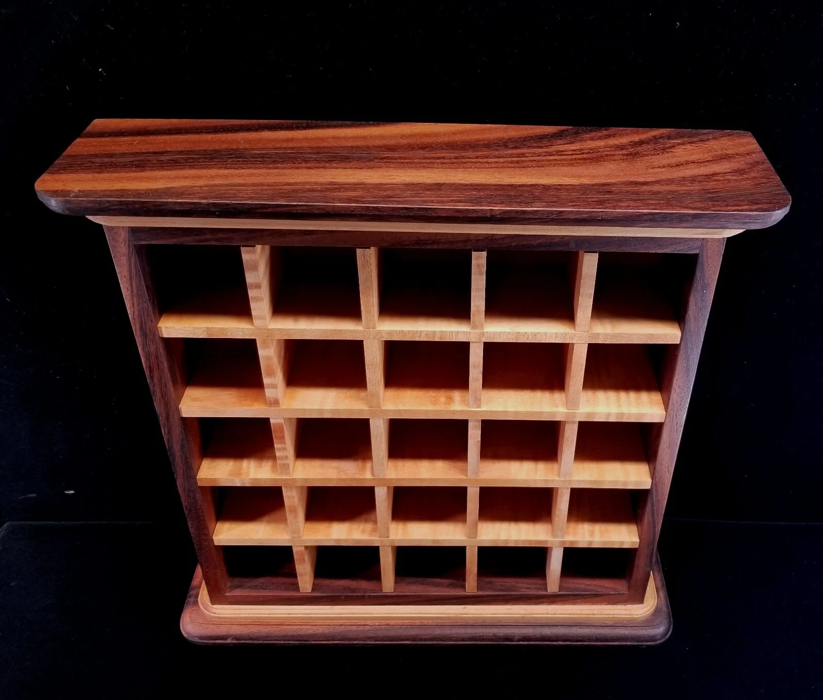 Walnut & Burled Maple Dovetailed Display Shelf Rack W 25 Compartments 17.5x17.5