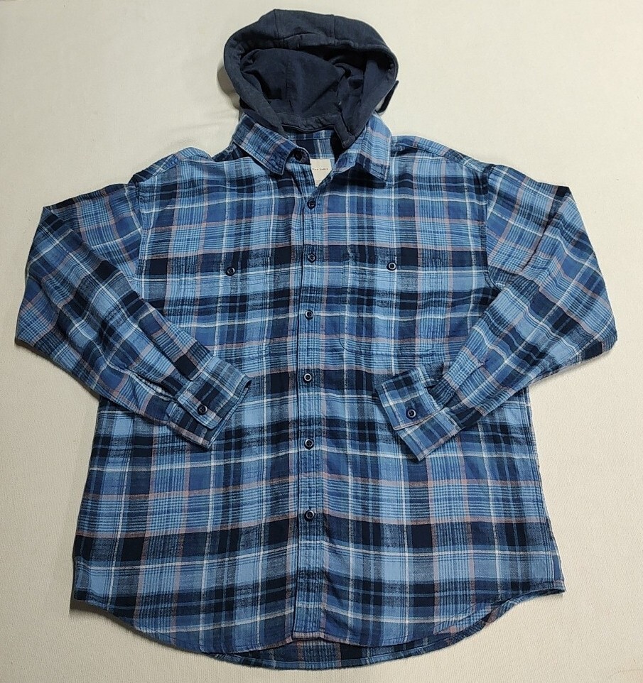 American Eagle Flannel Button-Up Shirt Removable Hoodie Blue Plaid Mens  Large | eBay