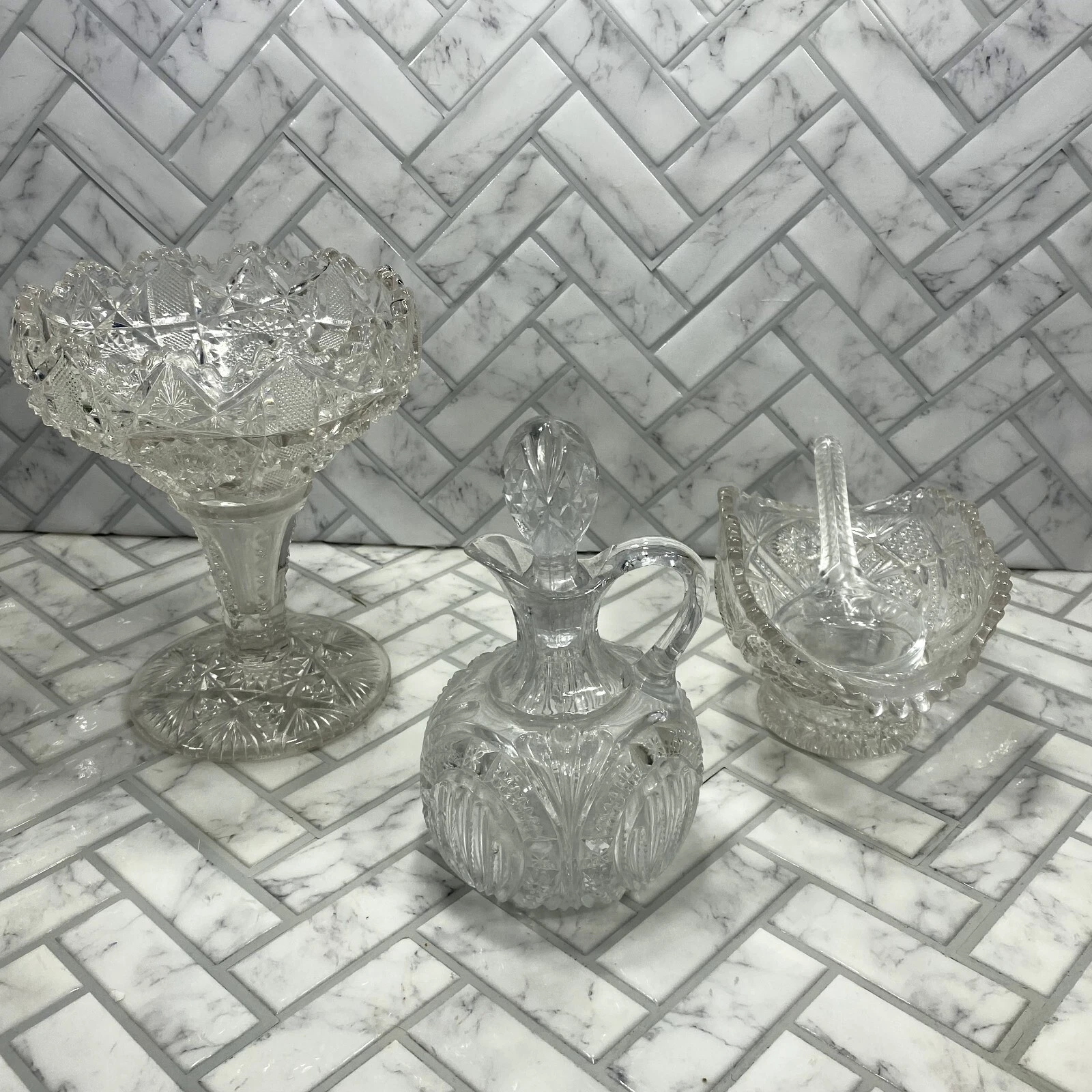 Vintage Cut Glass 3‑Pc Set – Pedestal Compote, Cruet & Sauce Boat W/ Ladle