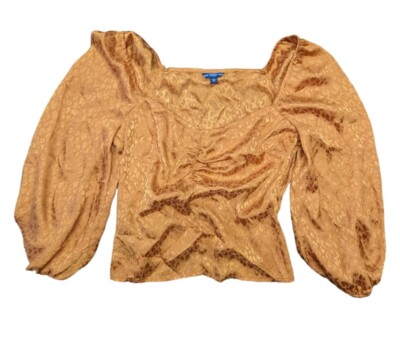 Guess Satin Cheetah Burnt Orange Elegant Blouse Women's Shirt Top Size XS