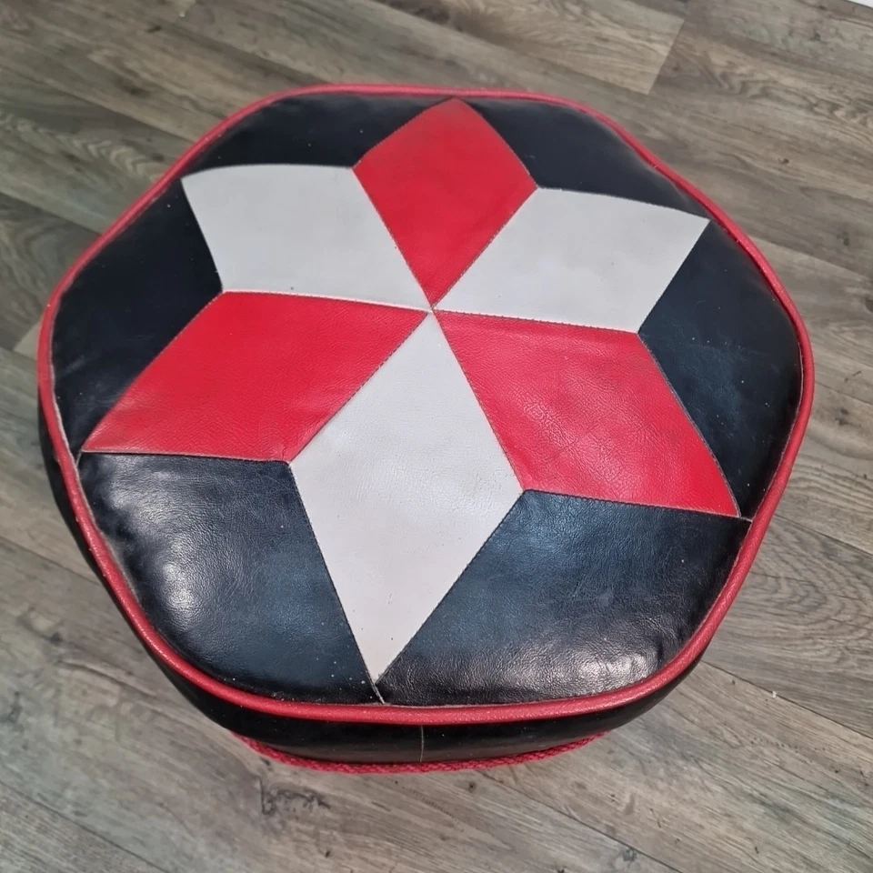 Vintage Black Red Patterned Foot Stool Pouffe Leather Ottoman Retro Moroccan - Image 4 of 4