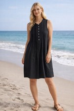 Quince Black European Flax Linen Swing Dress Pintuck Pleats Pockets Size M