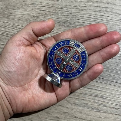 Catholic St Benedict Medal Table Top Desk Car Silver Tone Red Blue San Benito
