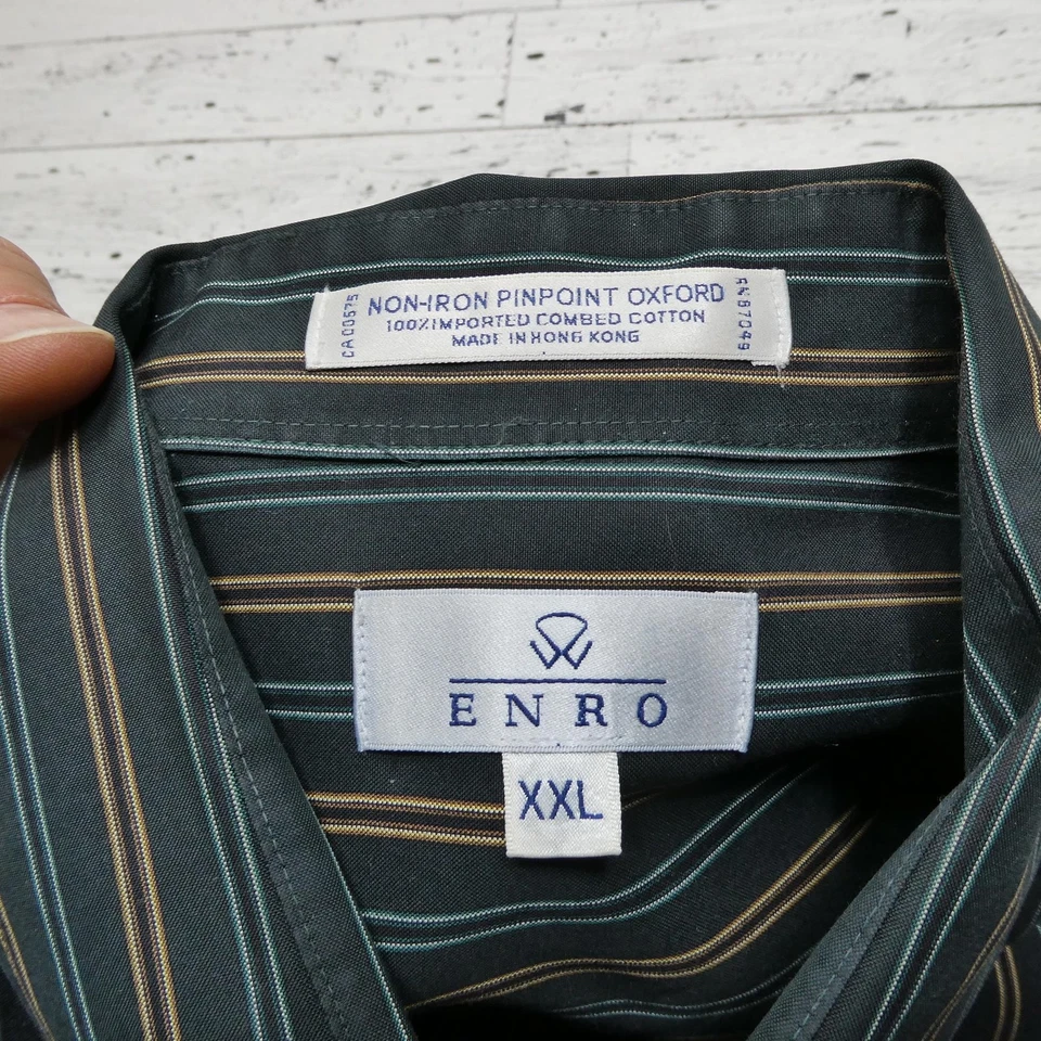 Camisa Oxford Masculina Enro 2XL Verde Listra Preta Sem Ferro Ponto Pinpoint Manga Longa - Imagem 3 de 4