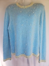 CONNIE A LEE BLUE ANGORA, RAYON, ACRYLIC W/PEARL CREWNECK SWEATER SIZE M/L Vtg.