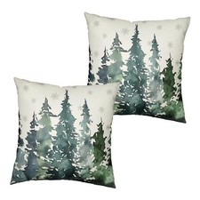 Watercolor Pine Tree Pillow Covers Green 18" x 18" Pack of 2 Winter Pine Tree