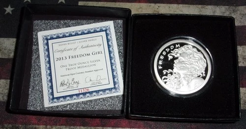 1 OZ .999 PURE SILVER SHIELD PROOF 2013 FREEDOM GIRL ROUND COIN WASTWEET SBSS