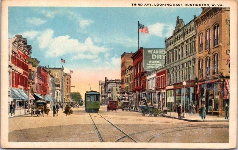 Third Avenue Looking East Huntington West Virginia Trolley Street Postcard