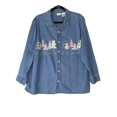 VTG Denim Chambray Shirt 18 Holiday Pink Christmas Tree Split Hem Grandma Pastel