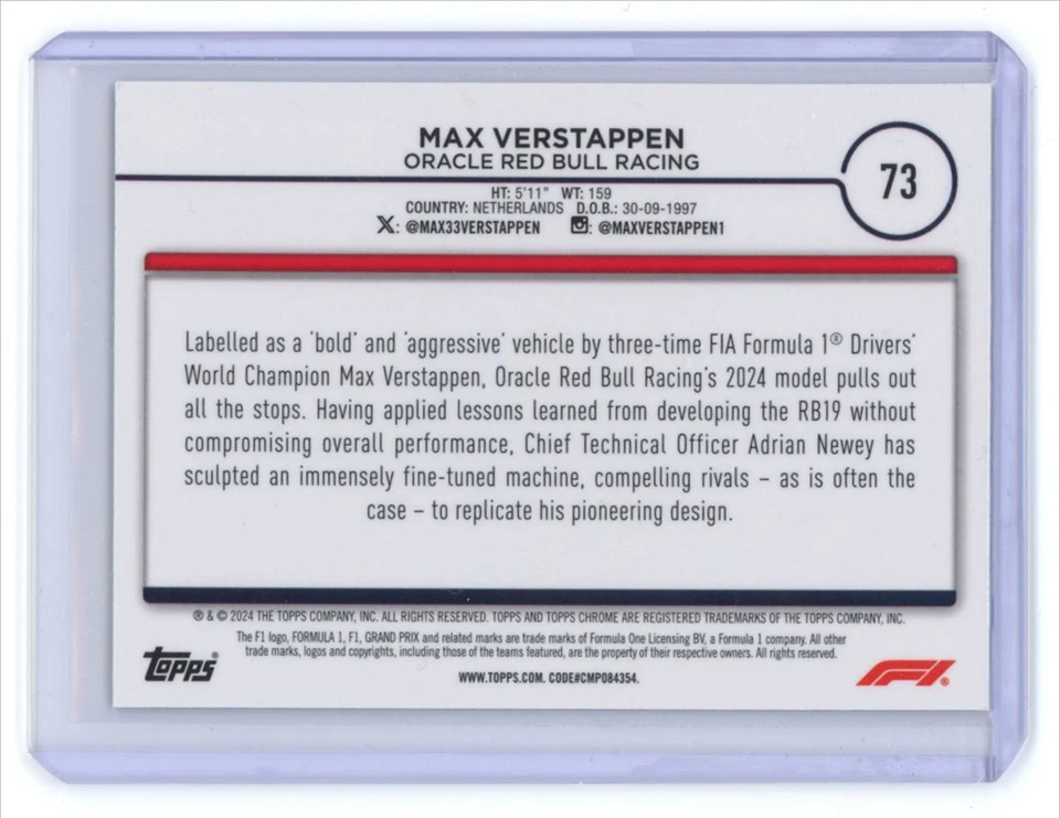 2024 Topps Chrome Formula 1 Max Verstappen Oracle Red Bull Racing #73 Refractor - Image 2 of 2