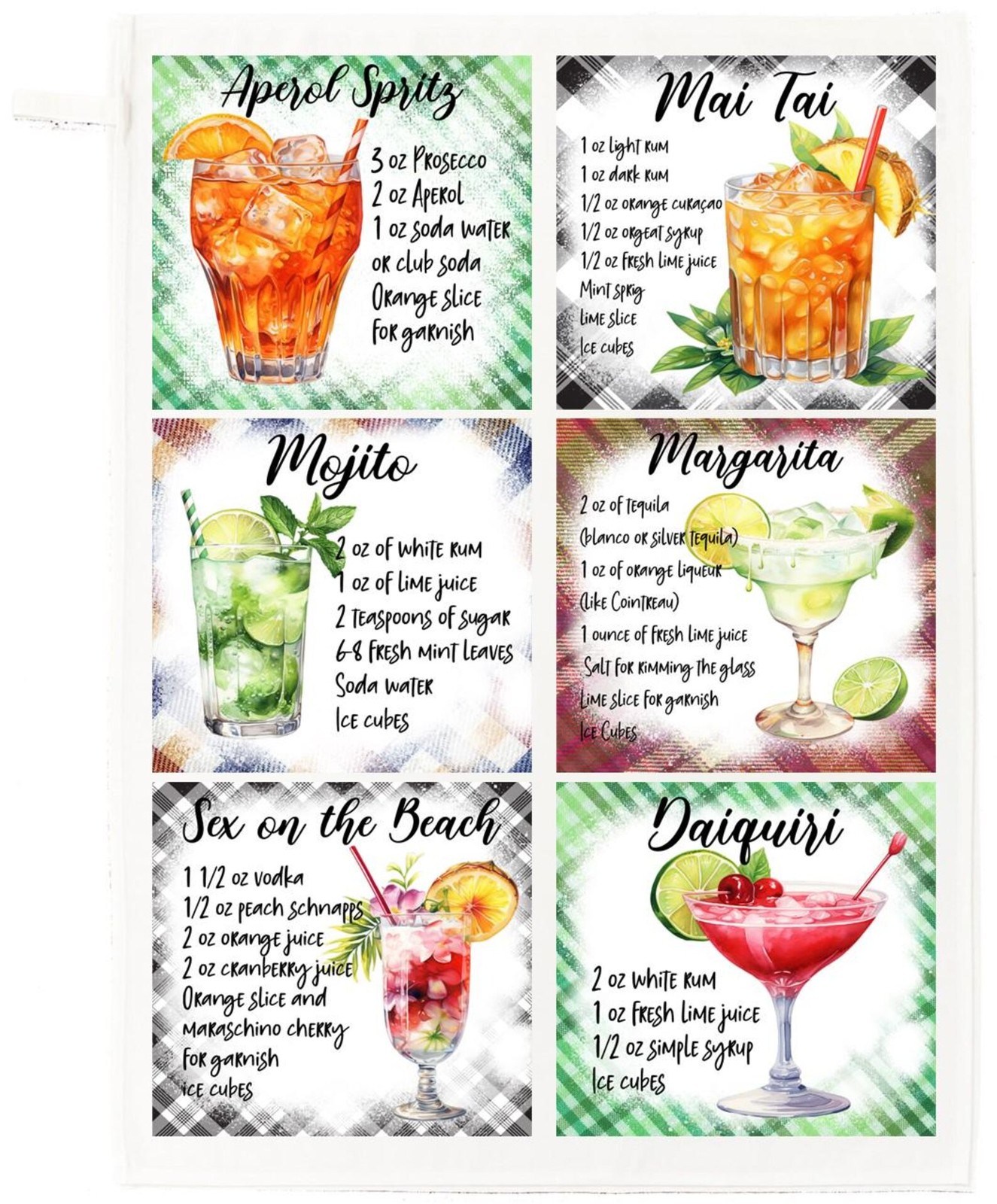 Classic Cocktail Recipes Cotton Tea Towel – Aperol Spritz, Mojito,and more