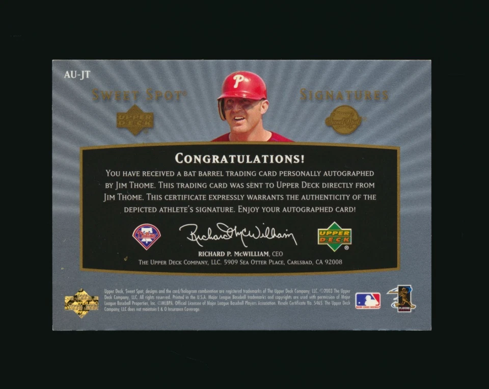 UD Sweet Spot Signatures Jim Thome 2003 autógrafo Phillies *2213 Foto 2 de 2